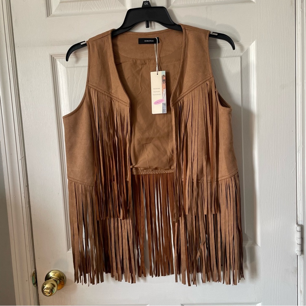 Fringe Suede-Look Vest in Camel by Condor
